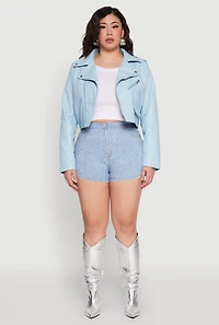 Womens Plus Daisy Faux Leather Cropped Moto Jacket, Blue,