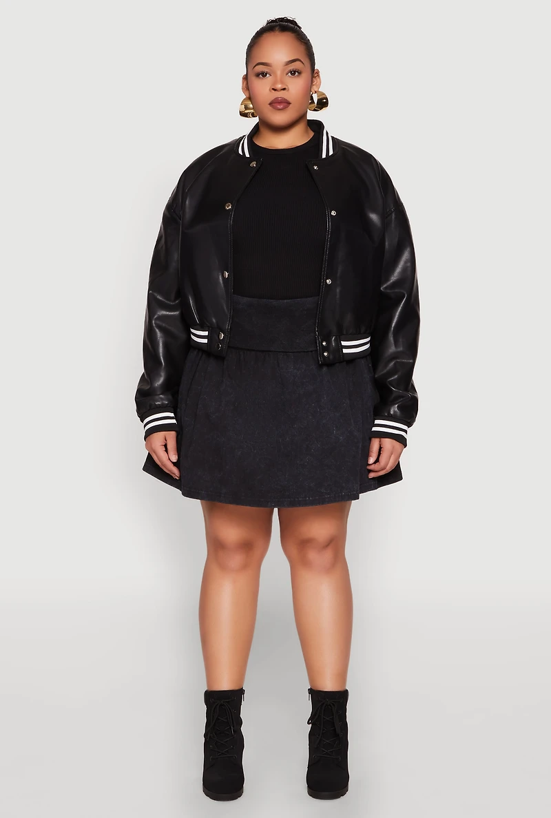 Womens Plus Size Daisy Faux Leather Varsity Jacket, Black, Size 2X