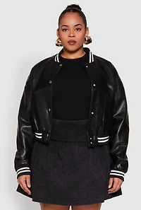 Womens Plus Size Daisy Faux Leather Varsity Jacket, Black, Size 2X