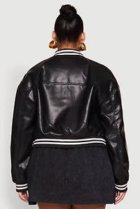 Womens Plus Size Daisy Faux Leather Varsity Jacket, Black, Size 2X