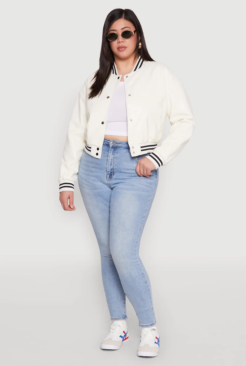Womens Plus Size Daisy Faux Leather Varsity Stripe Bomber Jacket, White, Size 2X