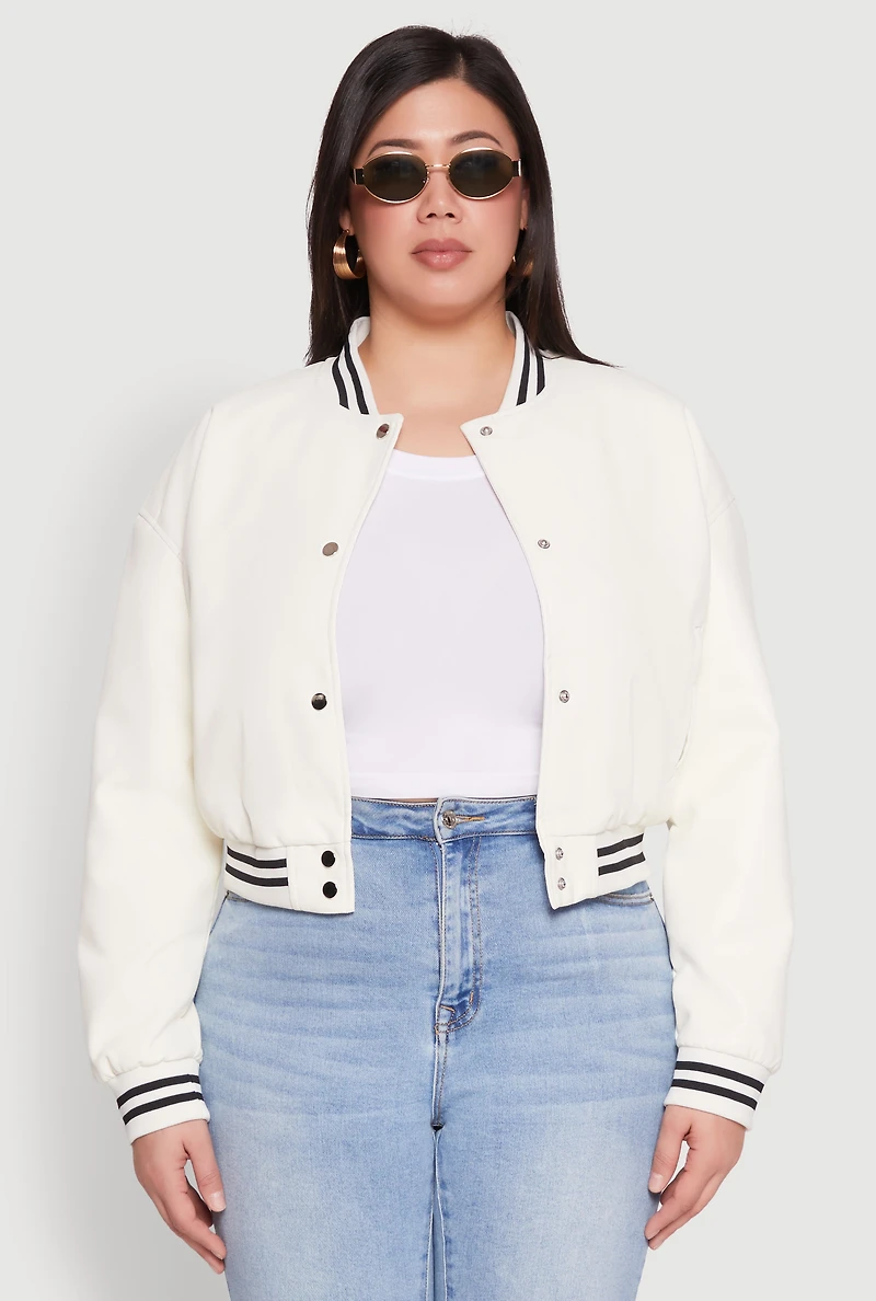 Womens Plus Size Daisy Faux Leather Varsity Stripe Bomber Jacket, White, Size 2X