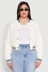 Womens Plus Size Daisy Faux Leather Varsity Stripe Bomber Jacket, White, Size 2X