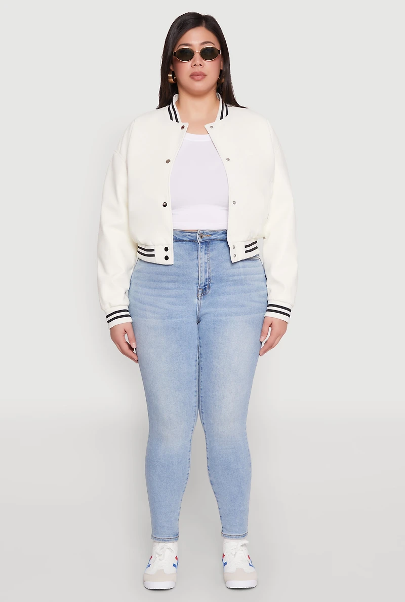 Womens Plus Size Daisy Faux Leather Varsity Stripe Bomber Jacket, White, Size 2X