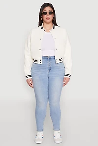 Womens Plus Size Daisy Faux Leather Varsity Stripe Bomber Jacket, White, Size 2X