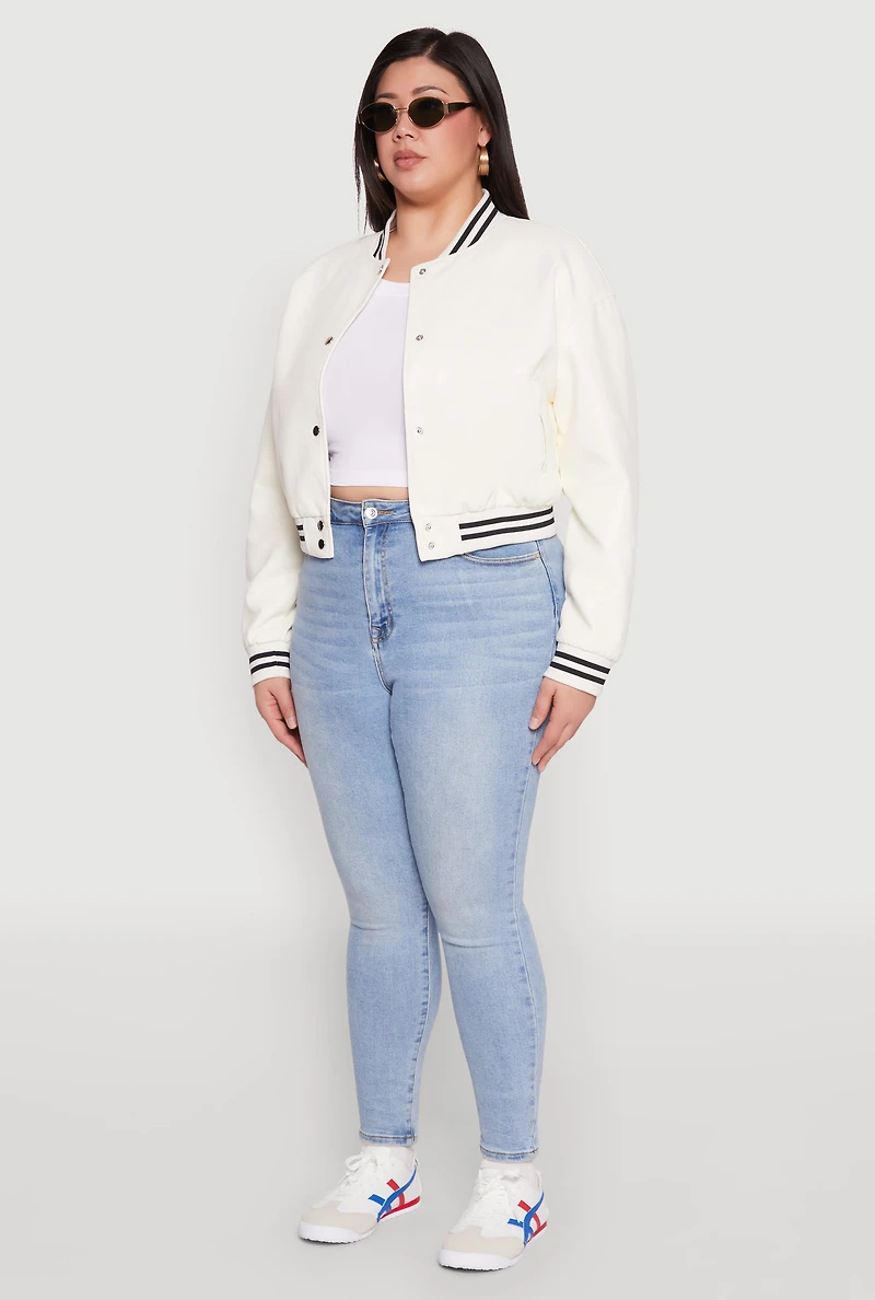 Womens Plus Size Daisy Faux Leather Varsity Stripe Bomber Jacket, White, Size 2X