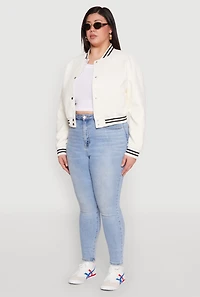 Womens Plus Size Daisy Faux Leather Varsity Stripe Bomber Jacket, White, Size 2X