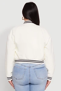 Womens Plus Size Daisy Faux Leather Varsity Jacket, White, Size 2X