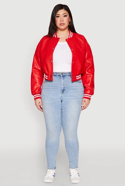 Womens Plus Daisy Faux Leather Varsity Jacket, Red,