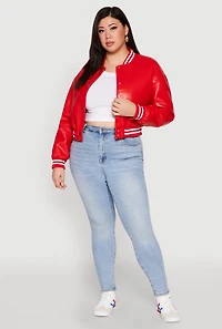 Womens Plus Daisy Faux Leather Varsity Jacket, Red,