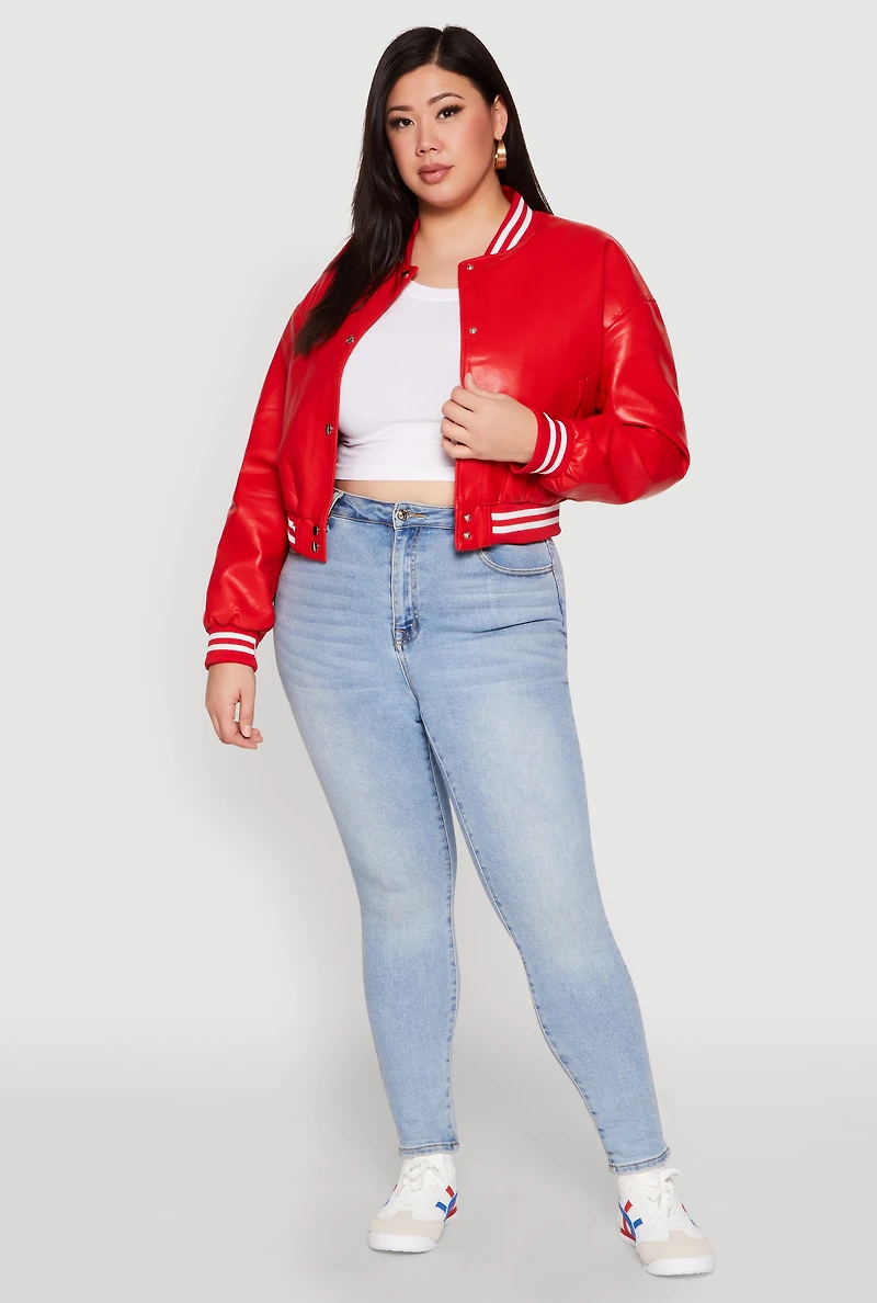 Womens Plus Size Daisy Faux Leather Varsity Jacket, Red, Size 1X