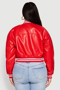 Womens Plus Daisy Faux Leather Varsity Jacket, Red,