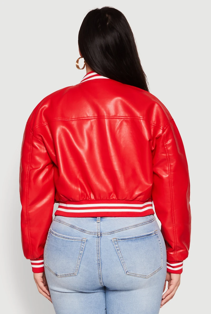 Womens Plus Size Daisy Faux Leather Varsity Jacket, Red, Size 1X