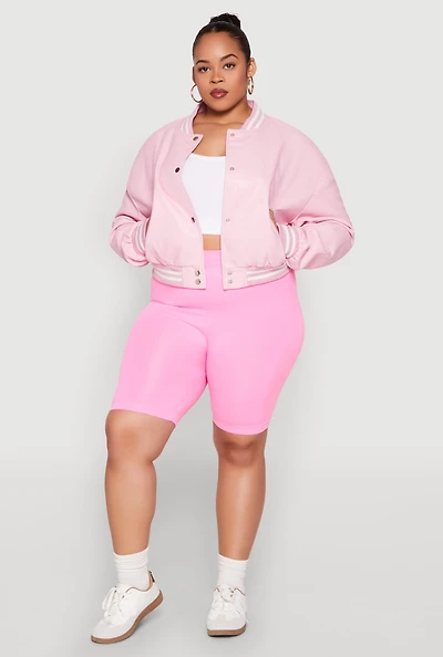 Womens Plus Size Daisy Faux Leather Varsity Jacket, Pink, Size 1X