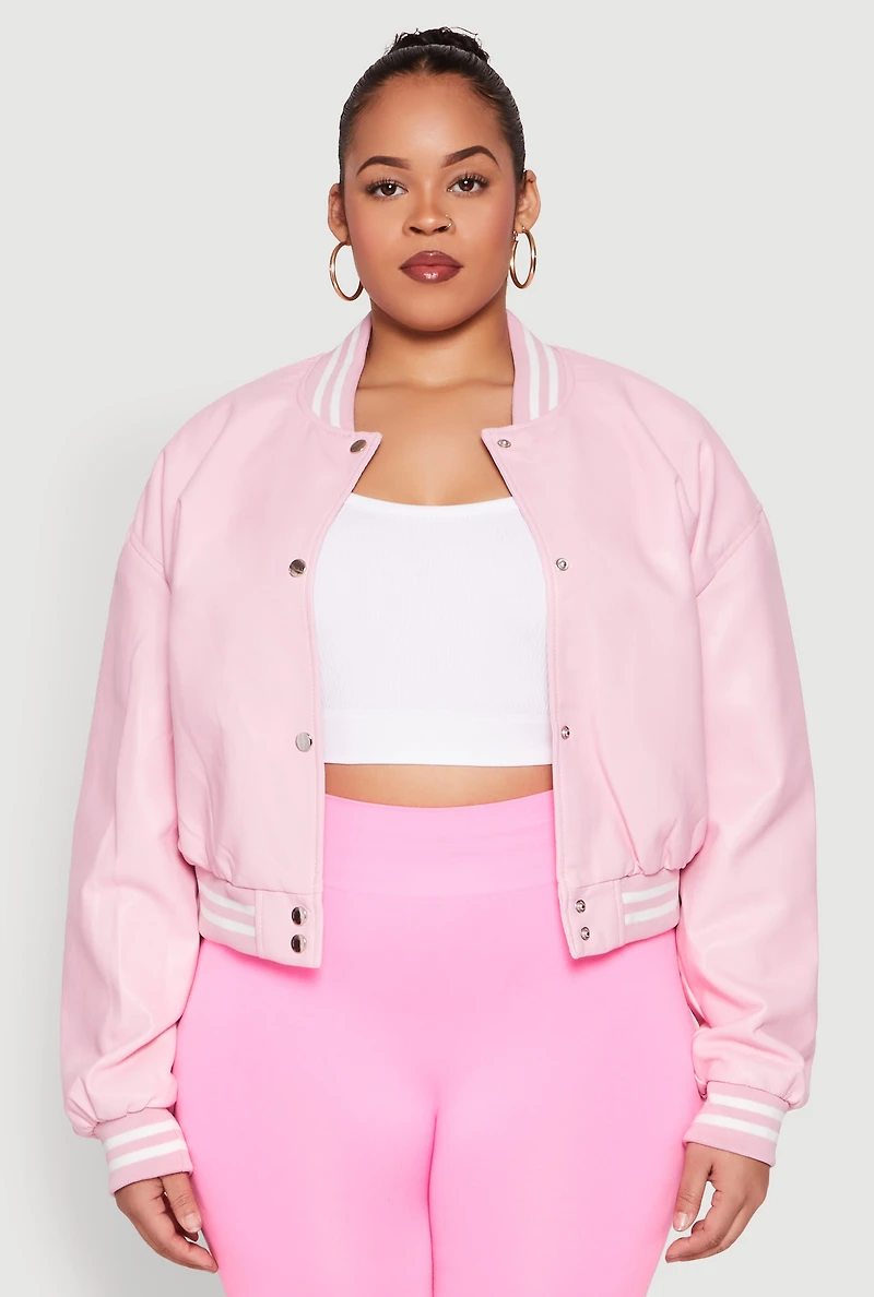 Womens Plus Size Daisy Faux Leather Varsity Jacket, Pink, Size 1X