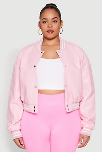 Womens Plus Size Daisy Faux Leather Varsity Jacket, Pink, Size 1X
