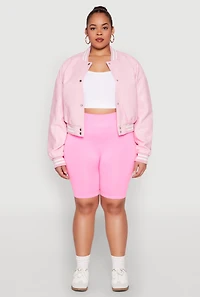 Womens Plus Size Daisy Faux Leather Varsity Stripe Bomber Jacket, Pink, Size 2X