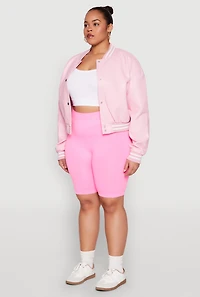 Womens Plus Size Daisy Faux Leather Varsity Jacket, Pink, Size 1X