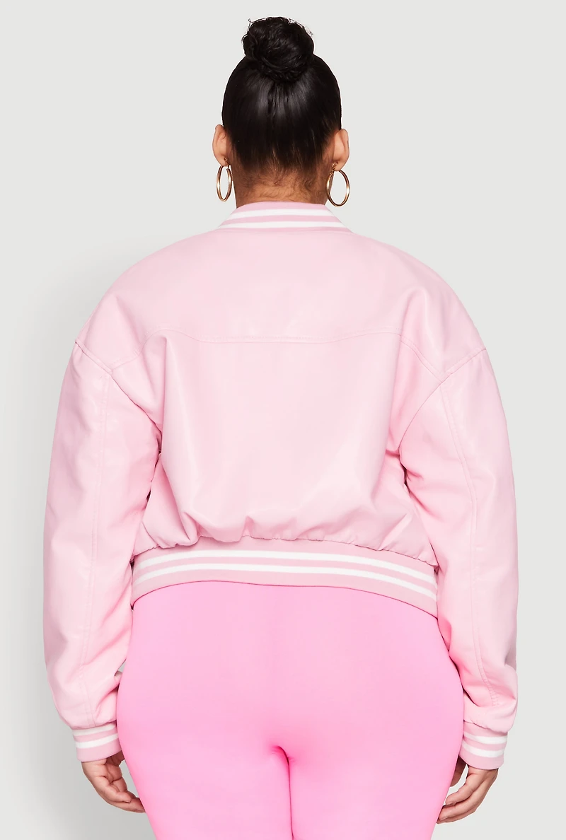Womens Plus Size Daisy Faux Leather Varsity Stripe Bomber Jacket, Pink, Size 2X