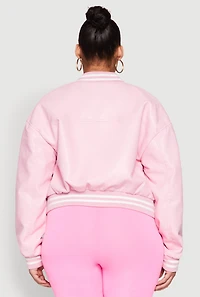 Womens Plus Size Daisy Faux Leather Varsity Stripe Bomber Jacket, Pink, Size 2X