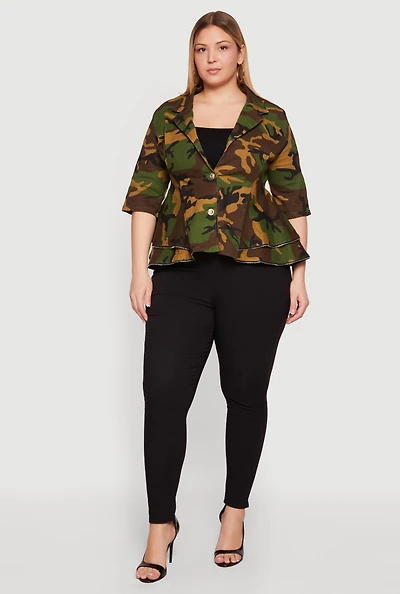 Plus Camo Zipper Hem Button Front Denim Blazer