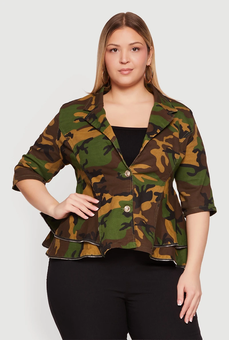 Plus Camo Zipper Hem Button Front Denim Blazer