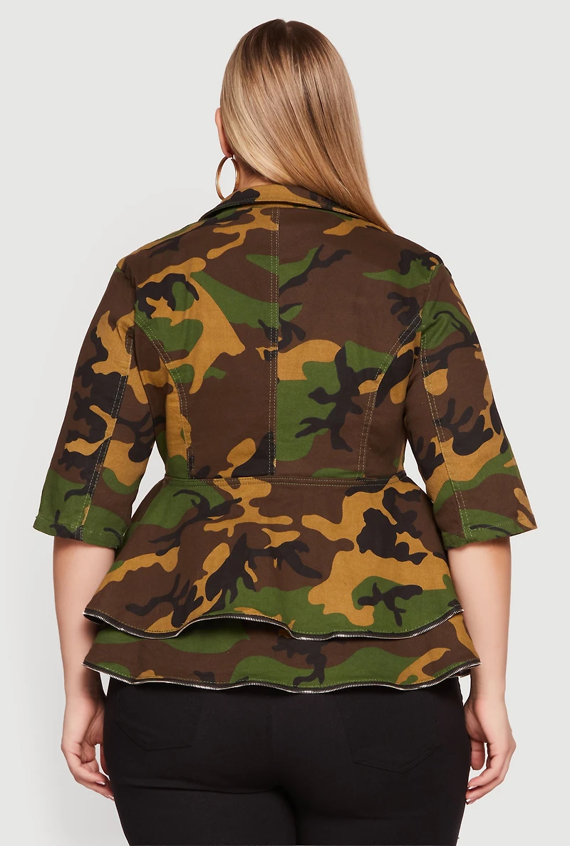 Plus Camo Zipper Hem Button Front Denim Blazer