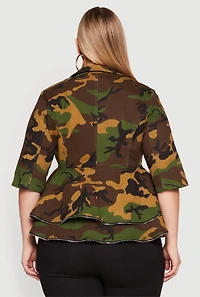 Plus Camo Zipper Hem Button Front Denim Blazer