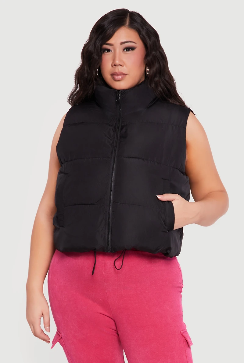 Plus Drawstring Hem Zip Front Puffer Vest