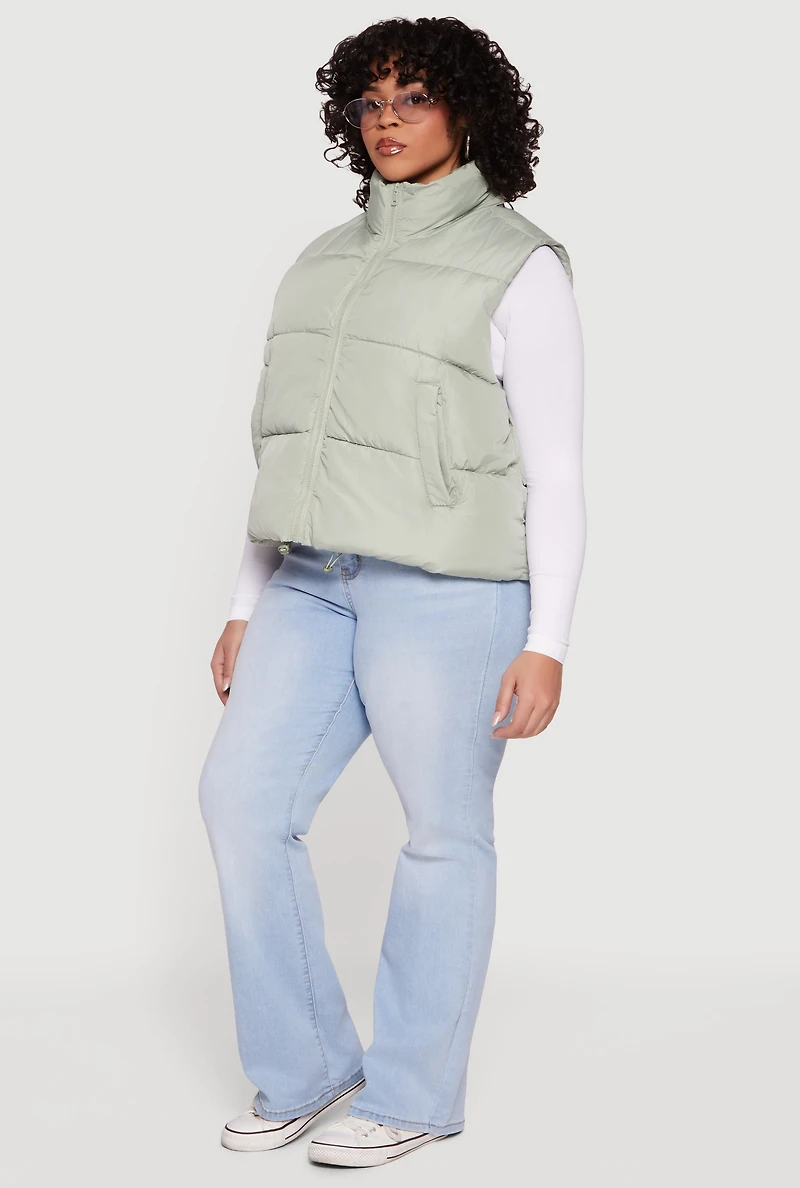 Plus Size Drawstring Hem Zip Front Puffer Vest