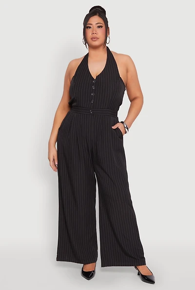 Womens Plus Size Pinstripe Halter Wide Leg Jumpsuit, Black, Size 3X