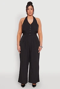 Womens Plus Size Pinstripe Halter Wide Leg Jumpsuit, Black, Size 3X