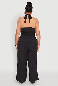 Womens Plus Size Pinstripe Halter Wide Leg Jumpsuit, Black, Size 3X