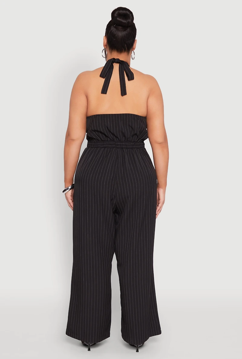 Womens Plus Pinstripe Halter Wide Leg Jumpsuit, Black,