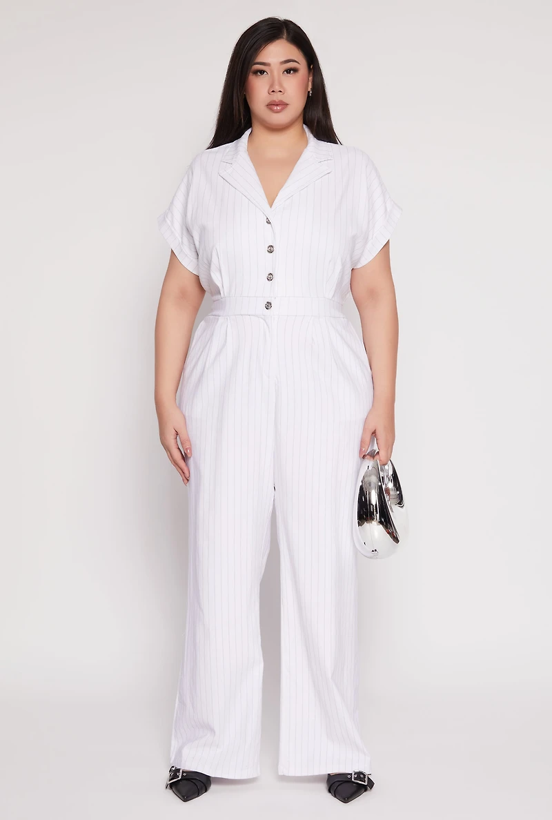 Womens Plus Size Pinstripe Wide Leg Jumpsuit, White, Size 2X