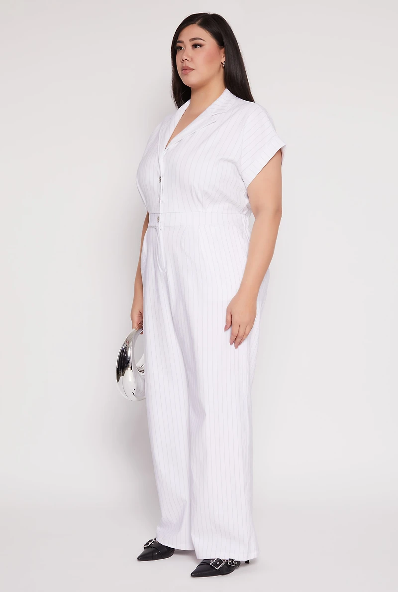 Womens Plus Size Pinstripe Wide Leg Jumpsuit, White, Size 2X