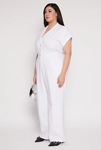 Womens Plus Size Pinstripe Wide Leg Jumpsuit, White, Size 2X