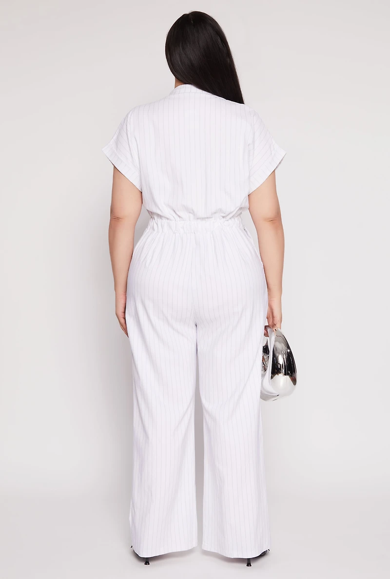 Womens Plus Size Pinstripe Wide Leg Jumpsuit, White, Size 2X
