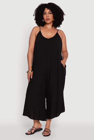 Womens Plus V-Neck Wide Leg Jumpsuit, 2X