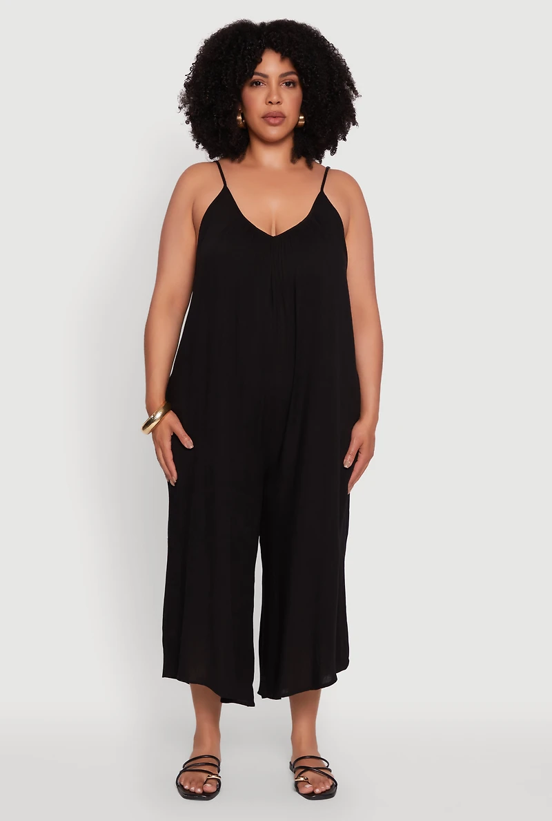 Womens Plus V-Neck Wide Leg Jumpsuit, 2X