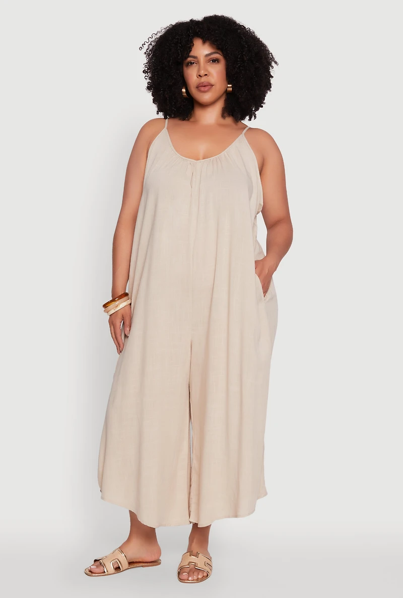 Womens Plus V-Neck Wide Leg Jumpsuit, 1X