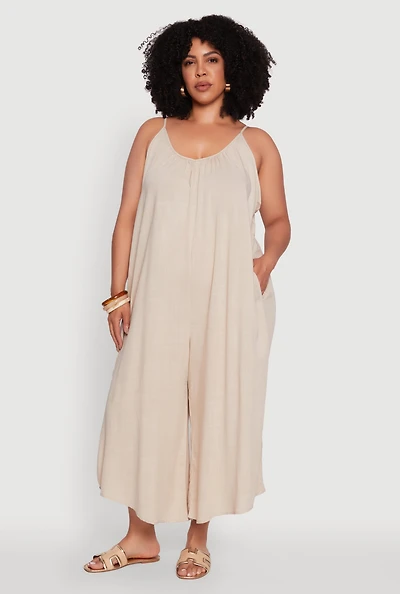 Womens Plus V-Neck Wide Leg Jumpsuit, 1X
