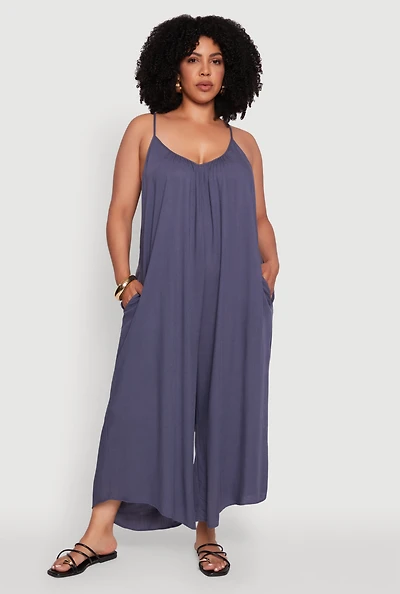 Womens Plus Size V-Neck Wide Leg Jumpsuit, Blue, Size 1X