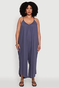 Womens Plus Size V-Neck Wide Leg Jumpsuit, Blue, Size 1X
