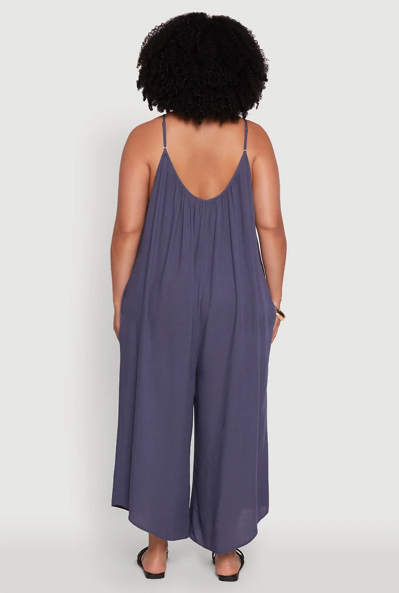 Womens Plus Size V-Neck Wide Leg Jumpsuit, Blue, Size 1X
