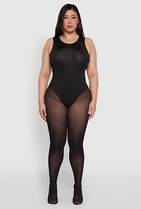 Womens Plus Daisy Sleeveless Crew Neck Bodysuit, Black,