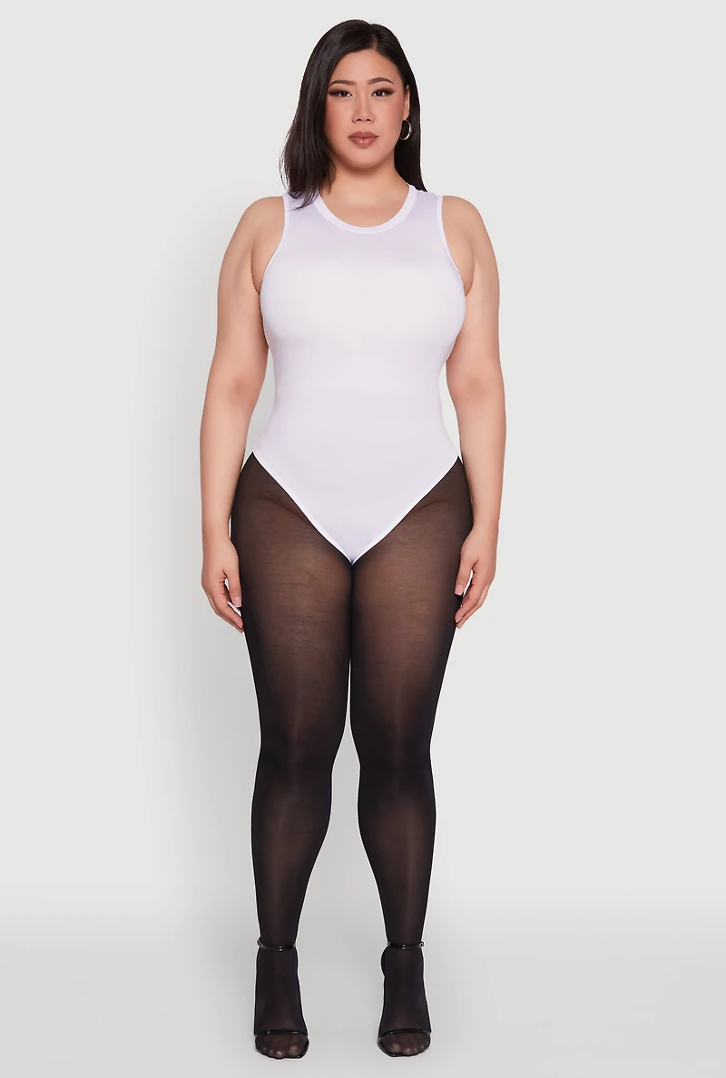 Womens Plus Size Daisy Sleeveless Crew Neck Bodysuit, White, Size 1X