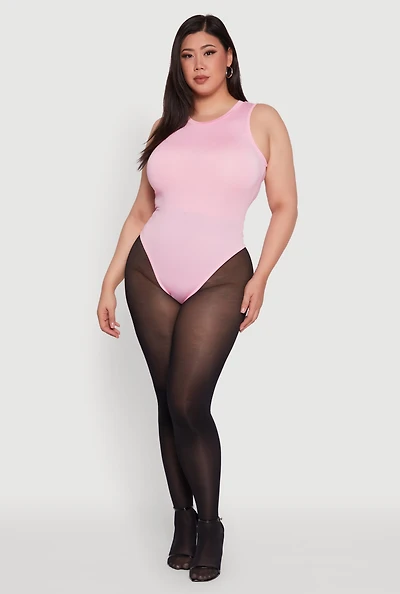 Womens Plus Daisy Sleeveless Crew Neck Bodysuit, Pink,