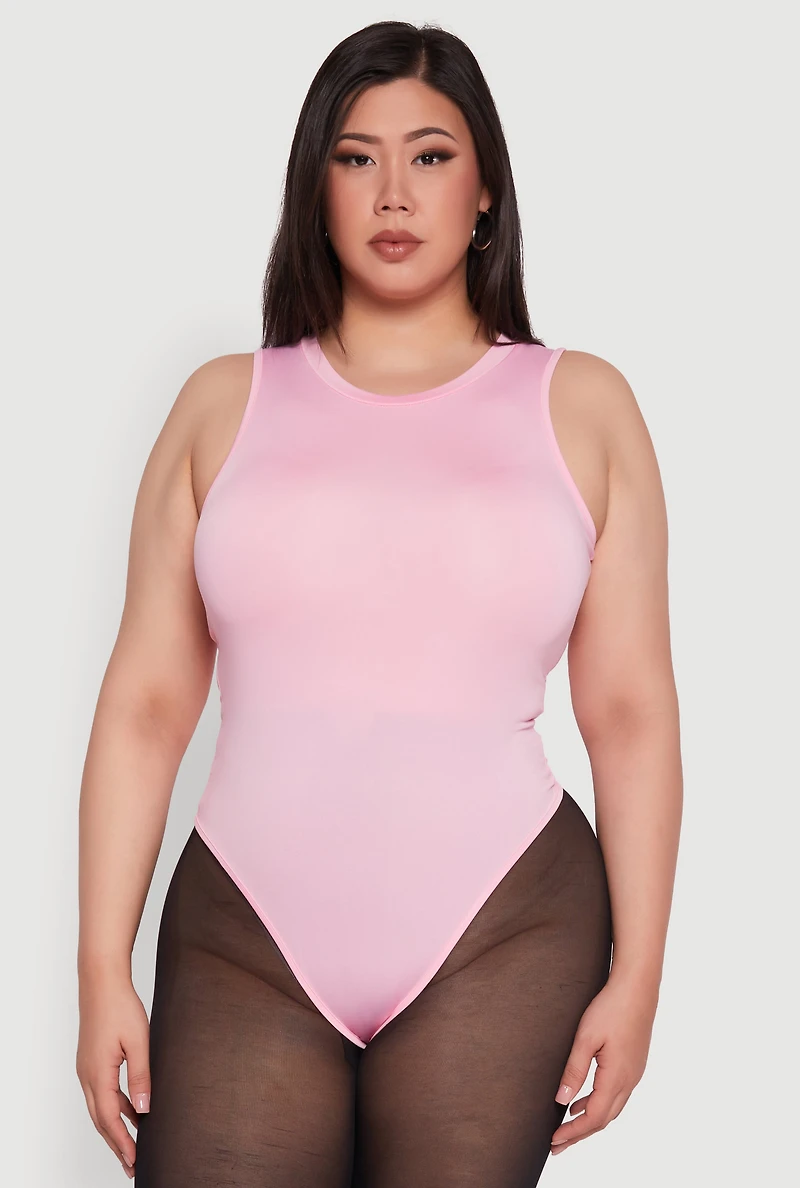 Womens Plus Daisy Sleeveless Crew Neck Bodysuit, Pink,