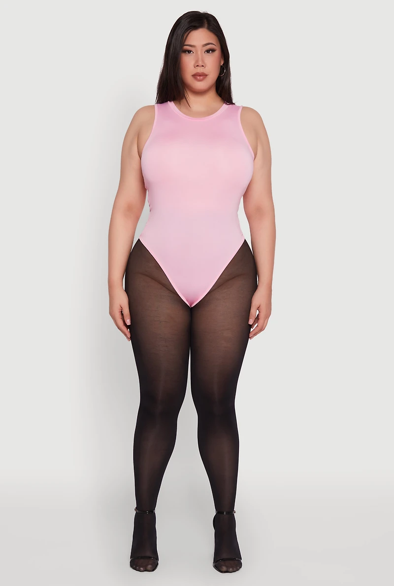 Womens Plus Daisy Sleeveless Crew Neck Bodysuit, Pink,